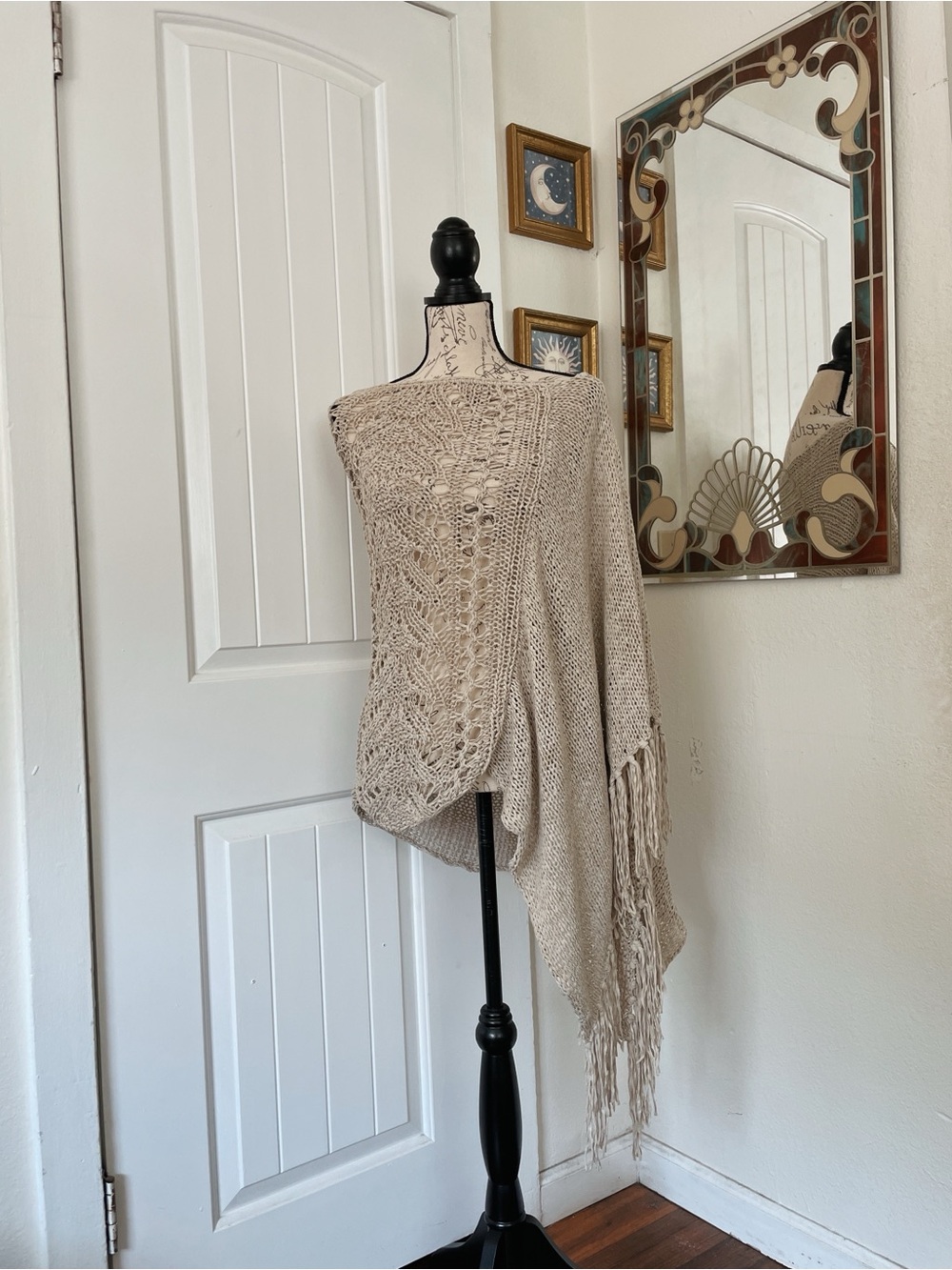 WHBM Beige Crochet Knit Fringe Poncho One Size Boho Festival Casual